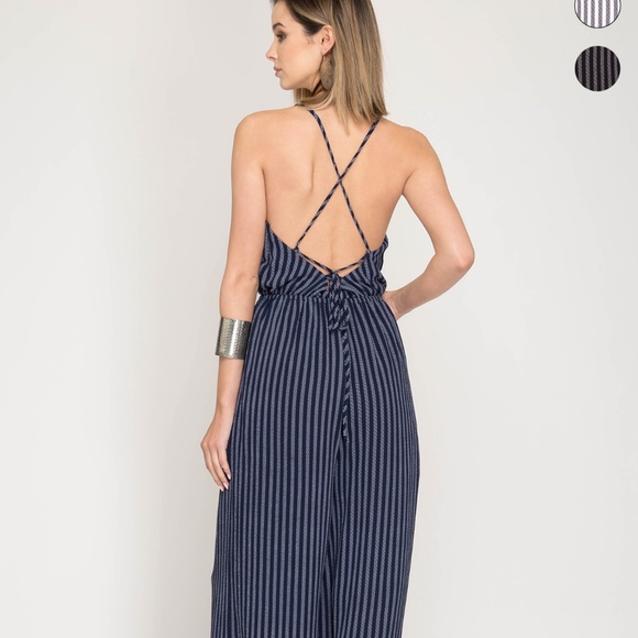 NEW - Navy Blue Striped Jumpsuit - Picture 3 of 6